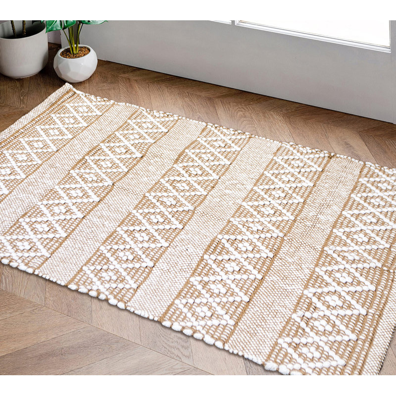 Steverson Cotton Bath Rug, Single - 36" L x 24" W, White/Beige