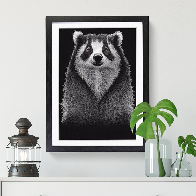 Badger In Monochrome - Single Picture Frame Print, 64cm H x 46cm W, Oak Framed
