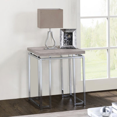 Table de bout carrée en chêne naturel avec base de traîneau en métal, assemblage Kd, carré de 19 pouces, placage de finition contemporaine de 24 po de haut et dimensions, dimensions