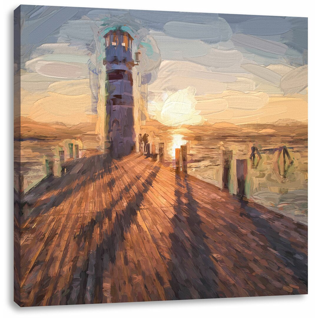 Leinwandbild Leuchtturm am Steg im Sonnenuntergang