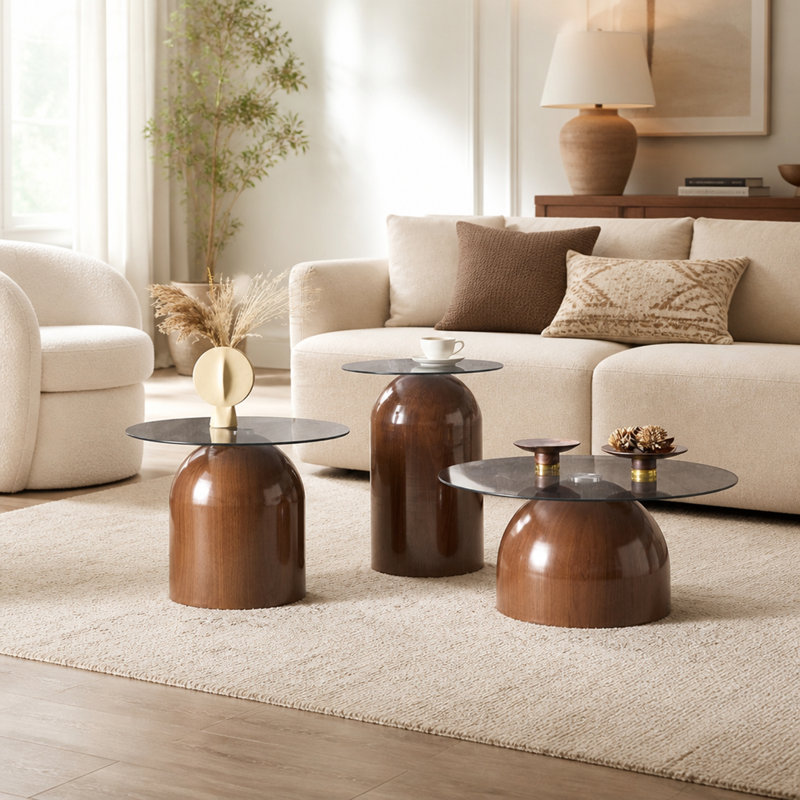 Ensemble de 3 tables basses gigognes, dessus en verre, table basse ronde peu encombrante pour salon ou bureau, Noir / Noyer