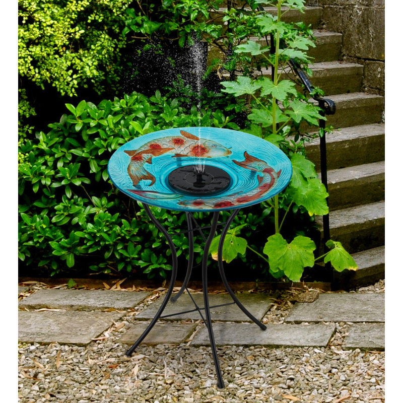 Fontaine de bain à oiseaux 23 "en verre à énergie solaire avec bol à motifs et support en métal, Carpe koï