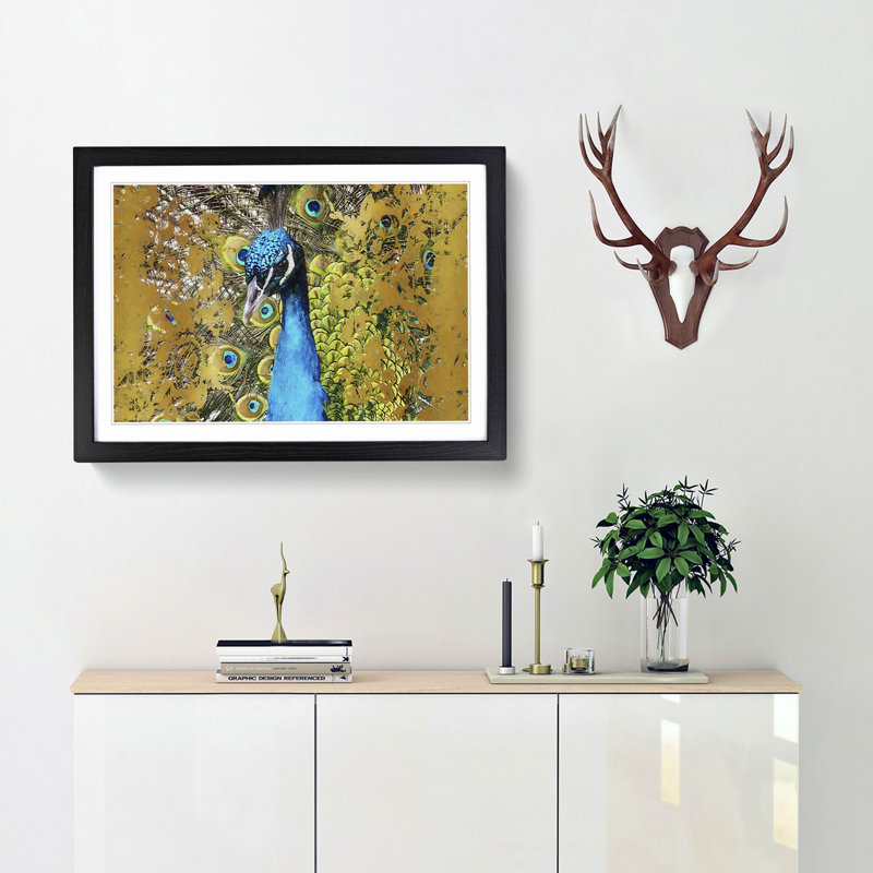 Dazzling Peacock Bird in Abstract - Picture Frame Painting Print, Black Framed, 48cm H x 65cm W x 2cm D