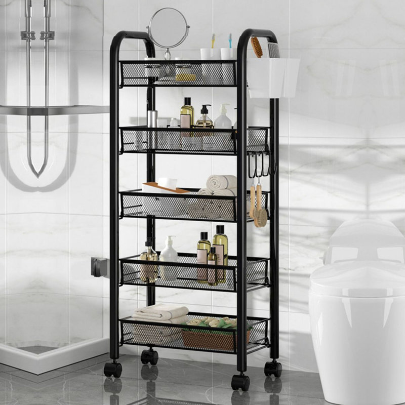 5-Tier Black Metal Mesh Kitchen Storage Cart with Wheels