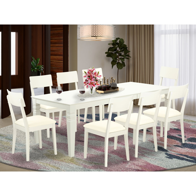 9 Piece Dining Room Furniture Set Includes a Rectangle Kitchen Table with Butterfly Leaf and 8 Faux Leather Chairs, Linen White