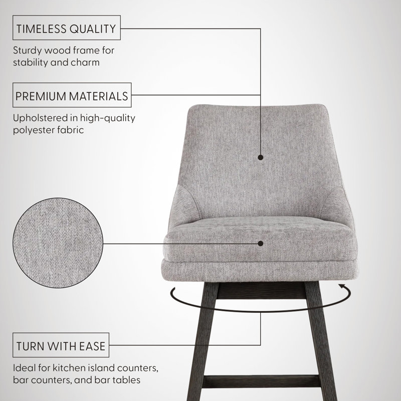 Tabouret de bar pivotant rembourré en bois massif Wasser avec siège en tissu, Bois gris, 1