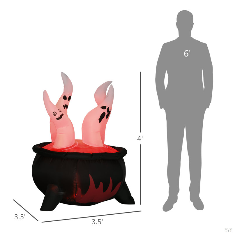 Décorations d'extérieur gonflables d'Halloween 4 pi Outsunny, fantômes blancs dans un chaudron rouge, décor de jardin à DEL gonflable pour jardin, pelouse, fête, vacances