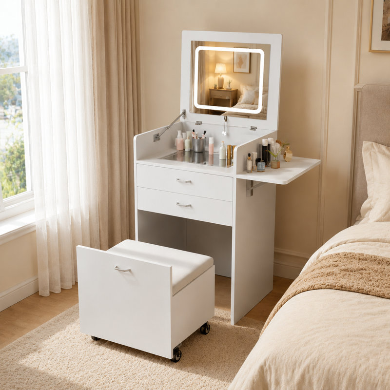 19.6'' W White Makeup Vanity Set with Lighted Mirror & Stool – Flip Top Vanity Desk with 3-Color LED Dimmable Light, 3 Drawers, Hidden Wheeled Stool & Power Outlet