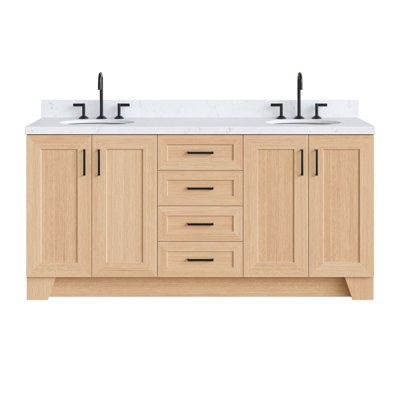 Freitas 72" Solid Wood Double Bathroom Vanity in Natural Oak with 1.5" Carrara White Quartz Top, Center, Oval Sink
