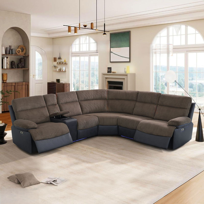 Ensemble de canapé modulaire inclinable électrique 3 pièces en tissu deux tons avec console de rangement, chargeur sans fil, ports USB et éclairage à DEL