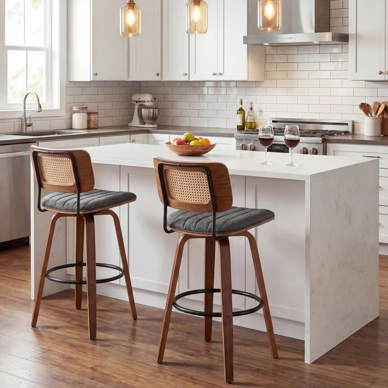 Valerie Set of 2 Swivel Rattan Wooden Fabric Bar Stool, Bar Stool (30.31" Seat Height)