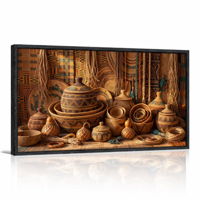 Woven Baskets With Geometric Patterns In Earth Tones Canvas Wall Art