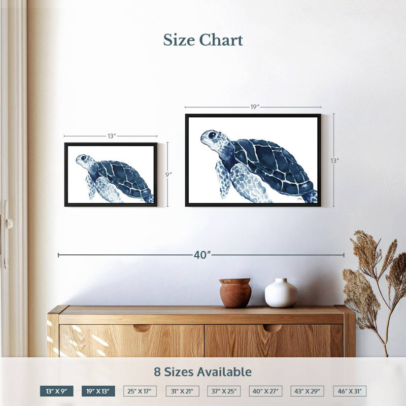 Tortue dans les bleus, 19 po x 13 po, Cadre flottant noir