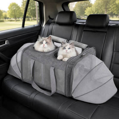 Dual Expandable Side Pet Carrier Bag for Two Cats, Breathable Mesh Polyester Soft Sided Gray Travel Kennel, Foldable Airline Approved Large Pet Tote for Small Dogs, Road Trips and Outdoor Visits