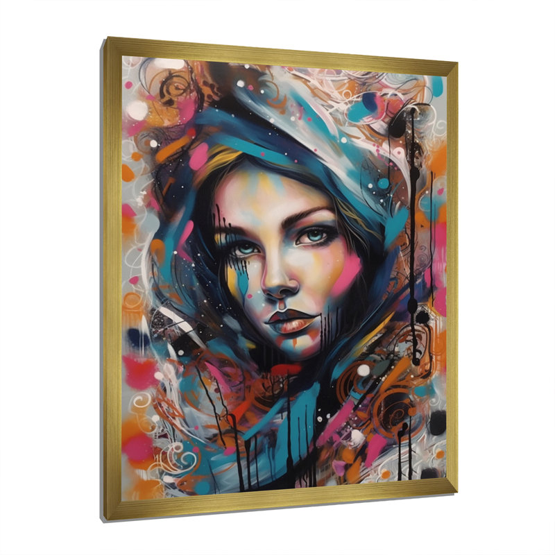 Portrait de femme pop art I - impression, Encadrement doré, H 32 po x l 16 po x P 1 po