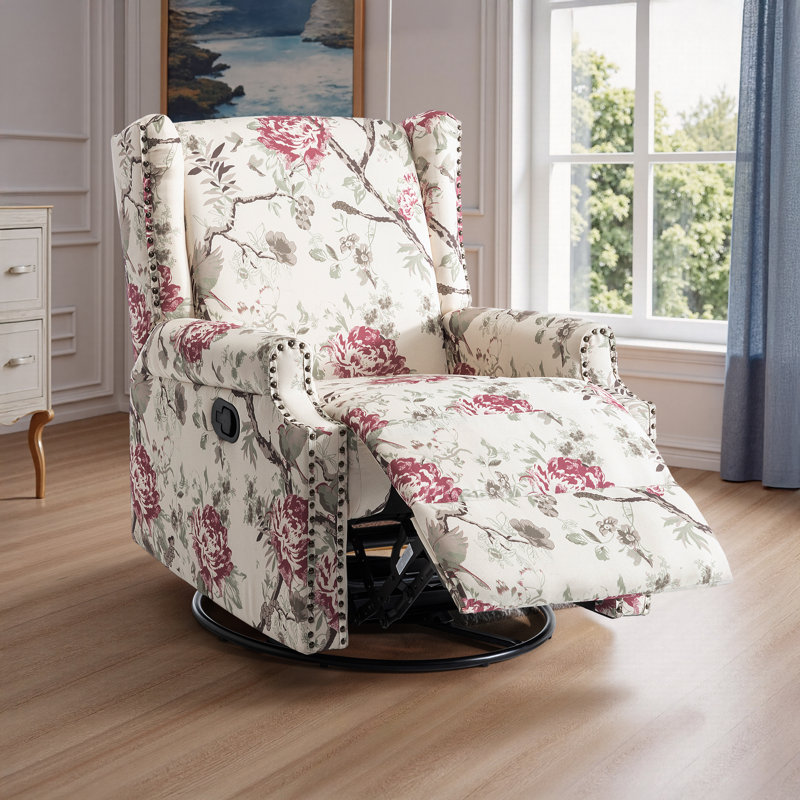 Upholstered Classic Wing Back Manual Handle Swivel Rock Glider Recliner with Naihead Trims, Plants Floral