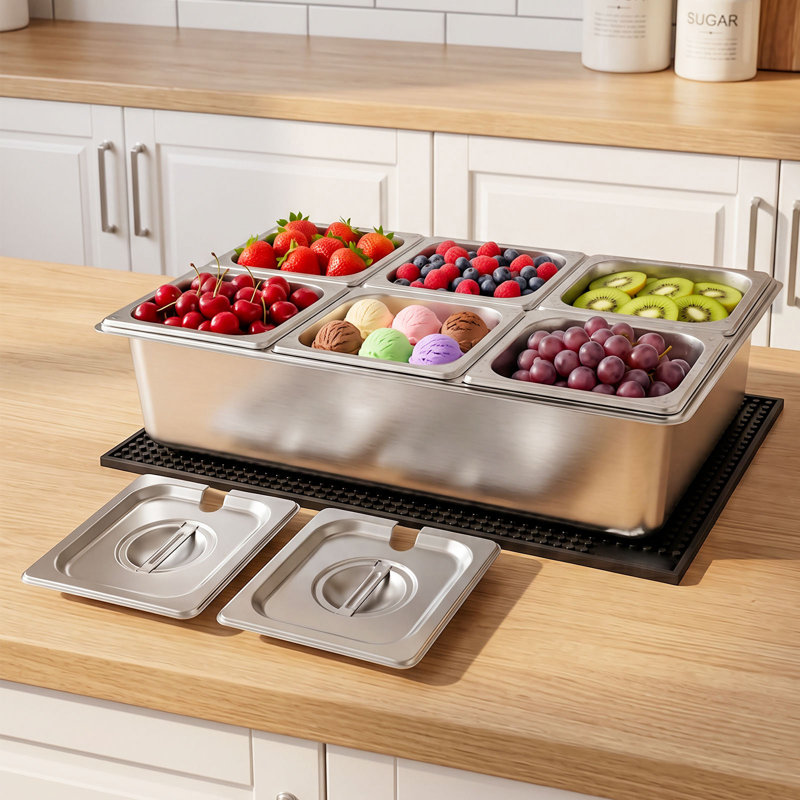 Contenant de présentation de comptoir, plateau de service à salade en acier inoxydable, distributeur de condiments de buffet, support refroidi à la glace avec couvercle séparé, pour restaurant, hôtel, fête (assiette 6x1 / 6)