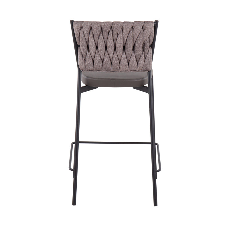 Ensemble de 2 tabourets de bar tressés - Structure en métal noir avec revêtement en similicuir gris et tissu brun clair