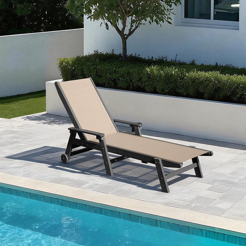 All-Weather HDPE & PVC-coated polyester Patio Chaise Lounge Chair with Arms, 5-Position Adjustable Backrest, Wheels & Built-In Cup Holder