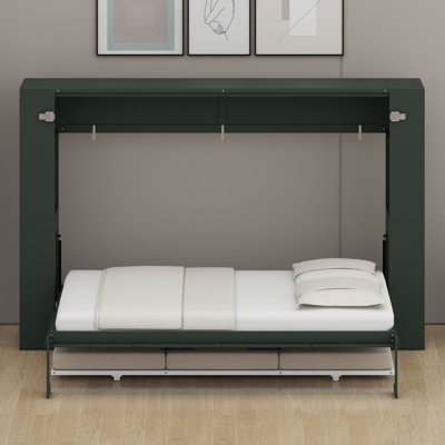Murphy bed with sofa includes shelving and USB charging for dual-purpose rooms