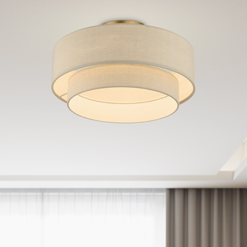 Bhagipuri Linen Blend Semi Flush Mount, 9.75" H x 18" W x 18" D, Cream, Antique Gold Leaf