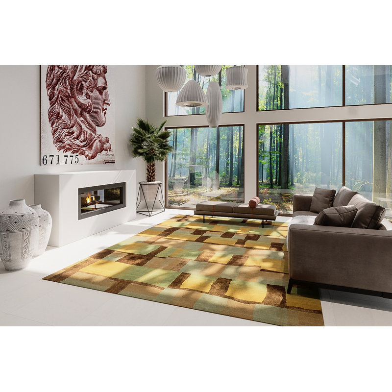 Eva H Geometric Area Rug in Beige/Green, Rectangle 6' x 9'