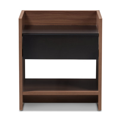  Vanda Walnut and Black 1 Drawer Nightstand with Open Shelf and Modern Minimalist Design