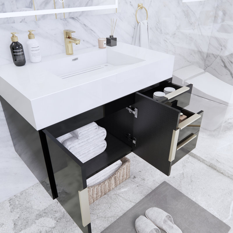 Ensemble de meuble-lavabo simple mural 35,5 po Glasgow, Noir ultrabrillant