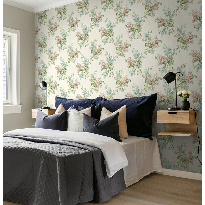 Papier peint à motif floral en lin Seabrook Designs, Crème métallique / bleu-vert