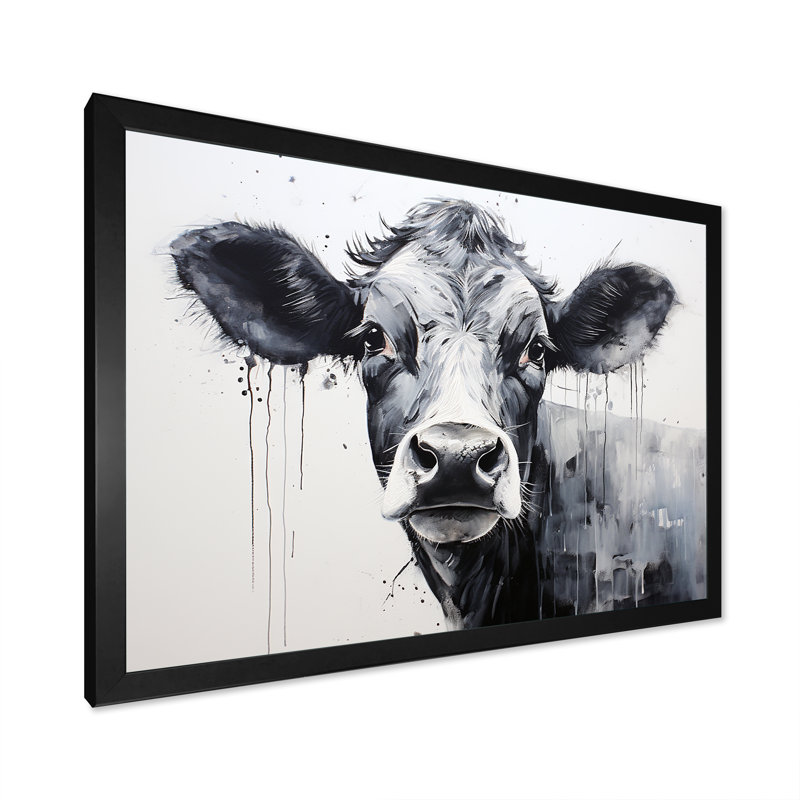Minimalisme noir et blanc «I» - Vache, art mural, H 24 po x l 32 po x P 1 po, Cadre noir