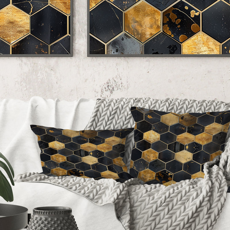 Coussin Mid-Century noir doré Glam Tiles II - Mid-Century, H 16 po x l 16 po