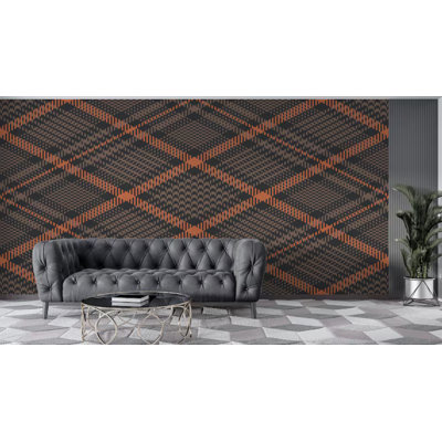 Diagonal Tartan Plaid Houndstooth Woven Textile Inspired Orange Black Wall Covering