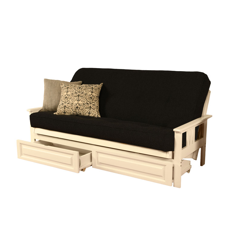 La base de futon pleine grandeur Stratford comprend des tiroirs de rangement et un matelas, Blanc antique, Canton noir