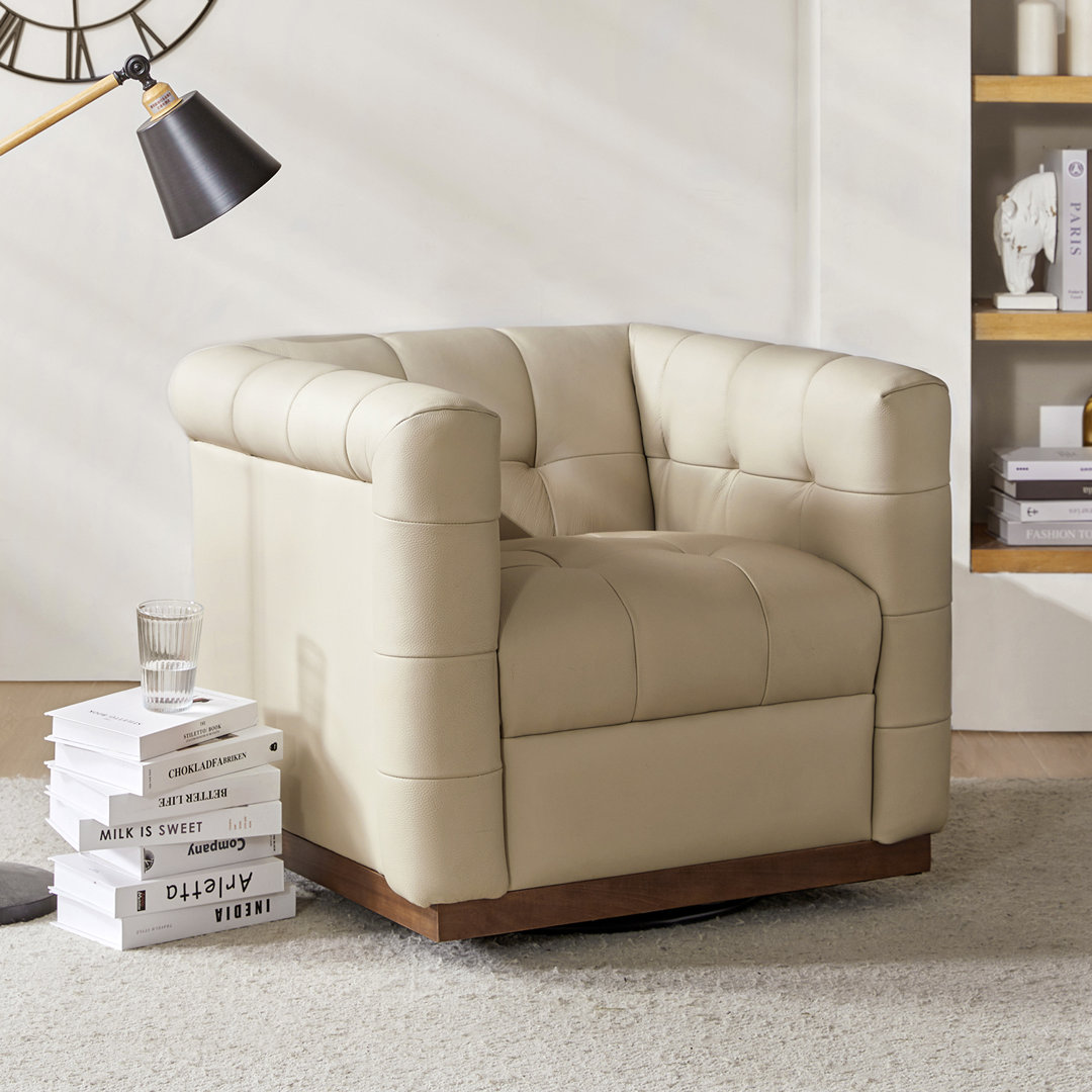 Sonika Genuine Leather Square Swivel Barrel Club Chair with Solid Wood Frame Wildon Home® Leather 