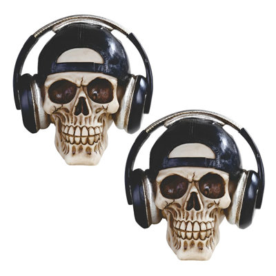 "2-PC Set" ICE ARMOR 6.75"W Skull with Headsets Figurine Figurine Statue Ornament Home/Room Decor and Perfect Gift Ideas for House Warming, Holidays and Birthdays Great Collectible Addition