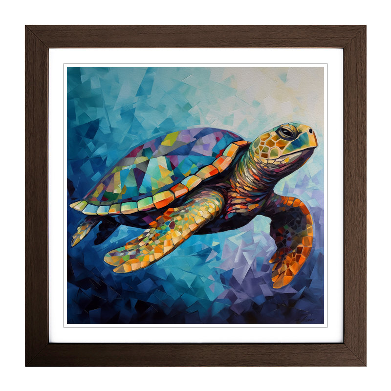 Sea Turtle Cubism No.1 - Single Picture Frame Print on Wood, Walnut