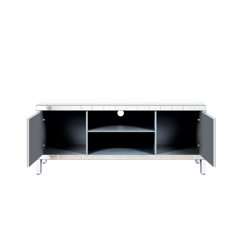 Meuble télé avec miroir intégré pour téléviseur de plus de 65 pouces, console argentée avec rangement ouvert et 2 étagères, meuble télé moderne pour salon, gain de place, indispensable