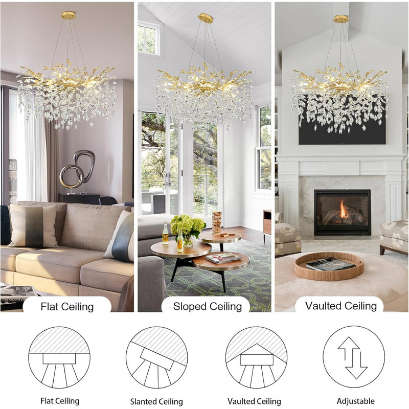 Modern Round Tree Branch K9 Crystal Chandelier Lighting for Dining Room, 18.11'' H X 31.5'' W X 31.5'' D, Gold