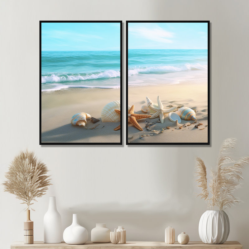 Bord de mer côtier - art mural beige 2 pièces, Black, 36" H x 48" W, Impression encadrée flottante