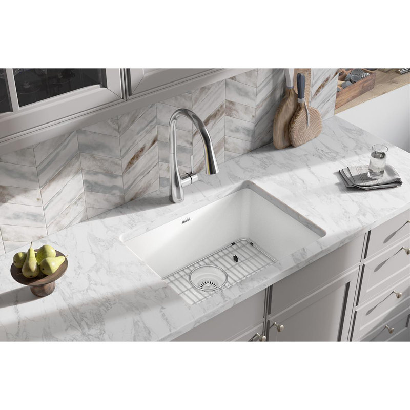 Quartz 24-5/8" x 18-1/2" x 9-1/2" Undermount Kitchen Sink with Basket Strainer, White