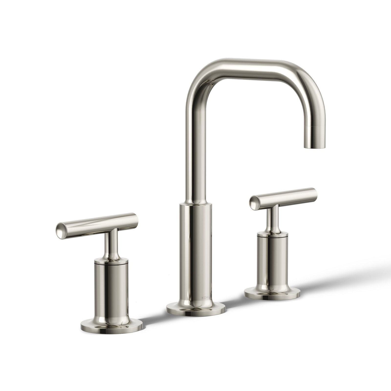 Purist Widespread Faucet with Drain Assembly Low Lever Handles and Low Gooseneck Spout, Vibrant Polished Nickel