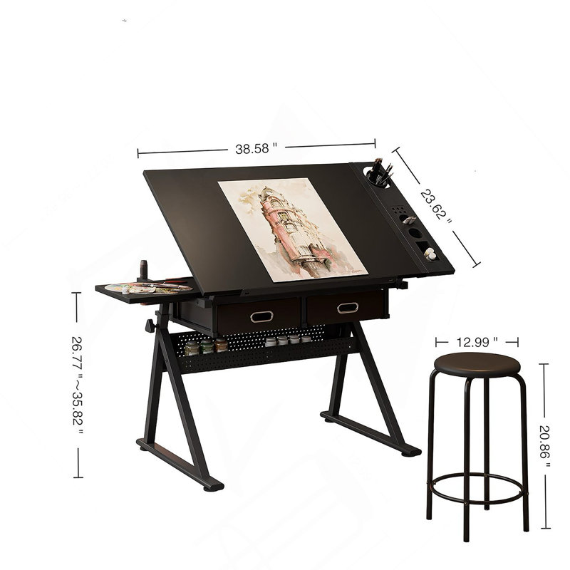 Adjustable Drafting Desk With Stool And 2 Drawers For Home Office, Black