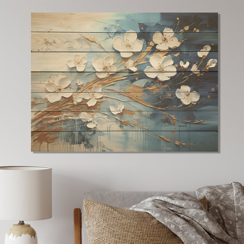 Encre liquide blanche et bleue I - Fleurs sur bois, H 10 po x l 20 po x P 0,78 po