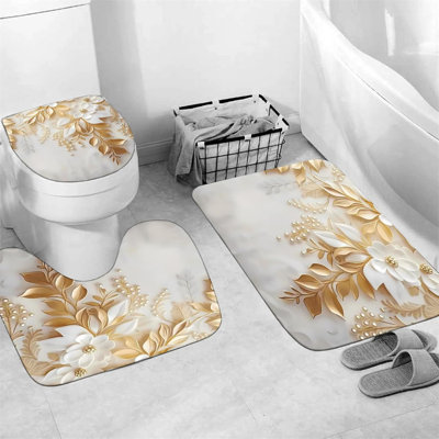 Golden Floral Shower Curtain Sets 4-Piece Non-Slip Bathroom Accessory