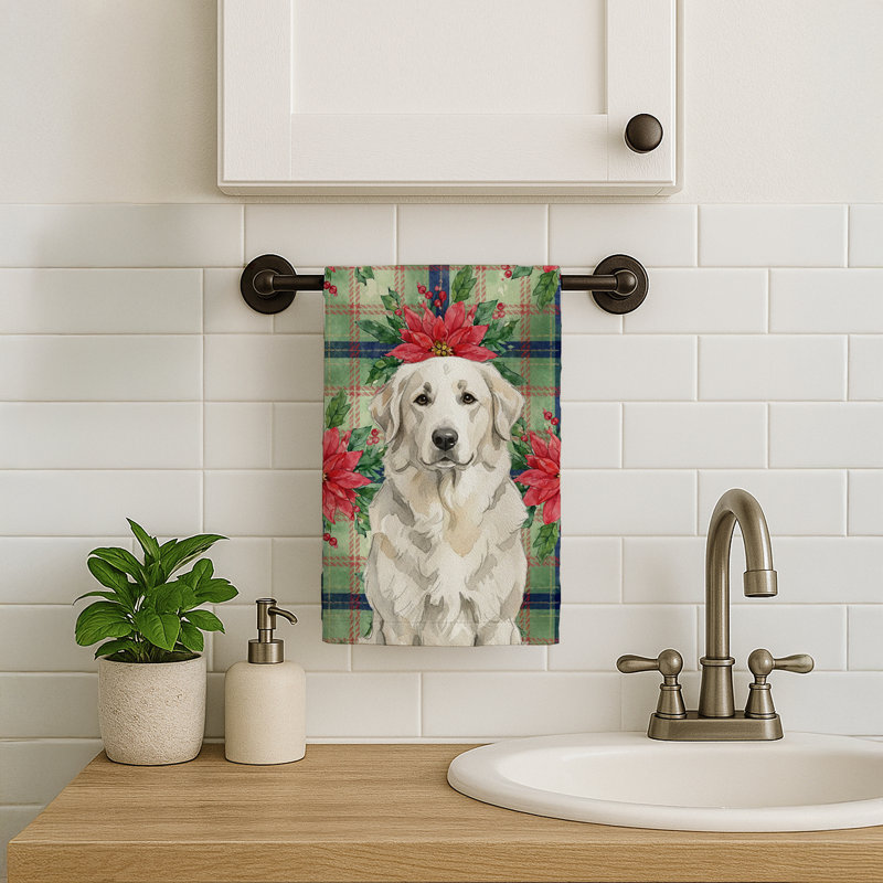 White Great Pyrenees Christmas PoinsettIas Kitchen Towel, White Great Pyrenees