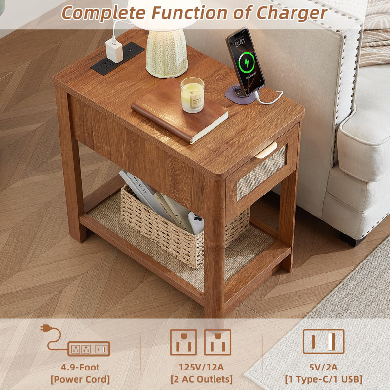 Narrow Night Stand with Charging Station, Boho Nightstand with Drawer, Bed Side End Table with Rattan Shelf for Small Spaces, Wood Nightstands Bedside Tables for Living Room Bedroom (Brown)