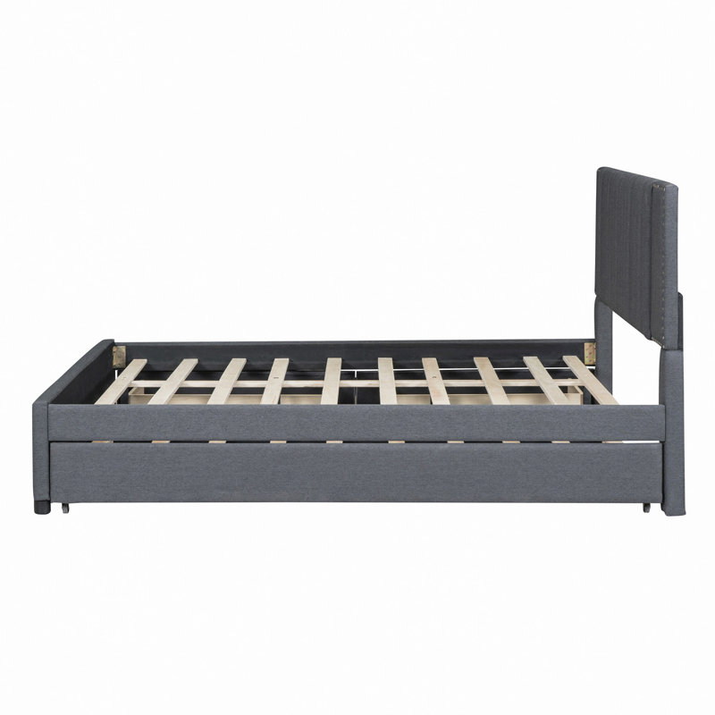 Lit plateforme tapissier avec 2 tiroirs et 1 lit gigogne, tête de lit classique, Gris, Grand lit