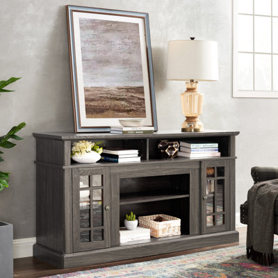 Tv Media Stand For 60 - 69 Inch Tvs, 57.26w*16.01d*32h, Open Storage, 5 Cable Holes, Dark Walnut/black Classic American Shelving,