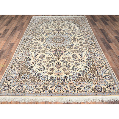 5'x8'3" Chiffon White, Persian Nain with Flower Medallion Design, Hand Knotted, Wool and Silk, 300 KPSI, Oriental Rug