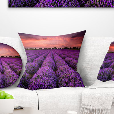 Landscape Sunset over Lavender Field Printed Pillow